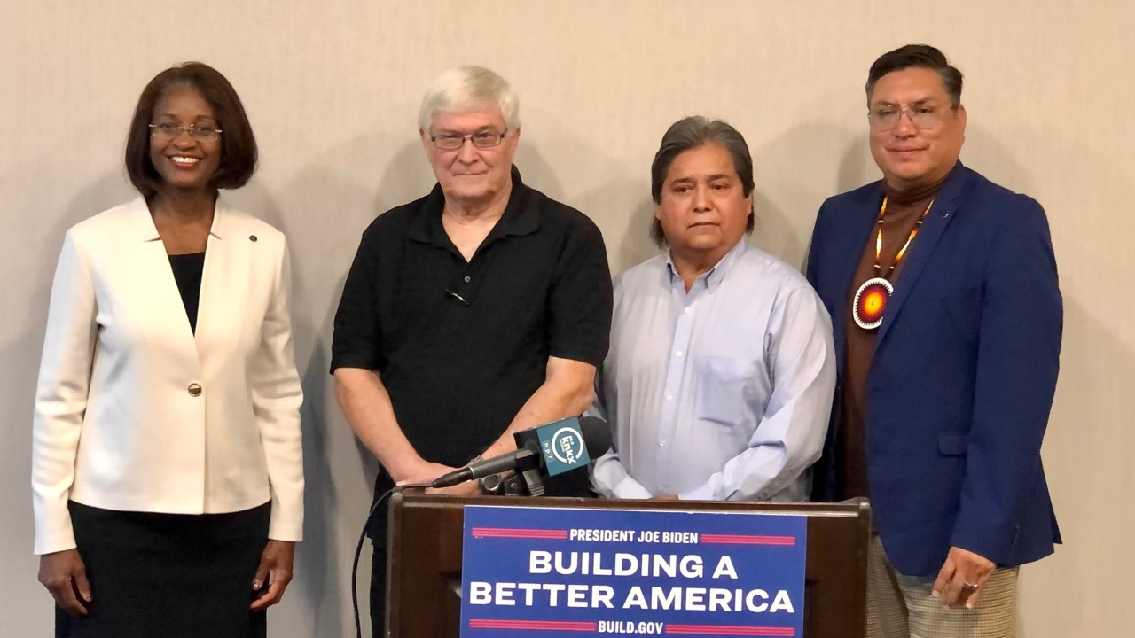 Left to right: FTA Administrator Nuria Fernandez; representatives from the C&rsquo;oeur D&rsquo;Alene Tribe and Nez Perce Tribal Committee and Deputy Assistant Secretary for Tribal Affairs Arlando Teller at a press briefing detailing the awarding of funds through FTA's Tribal Transit Program on Oct. 11 in Seattle, Wash.