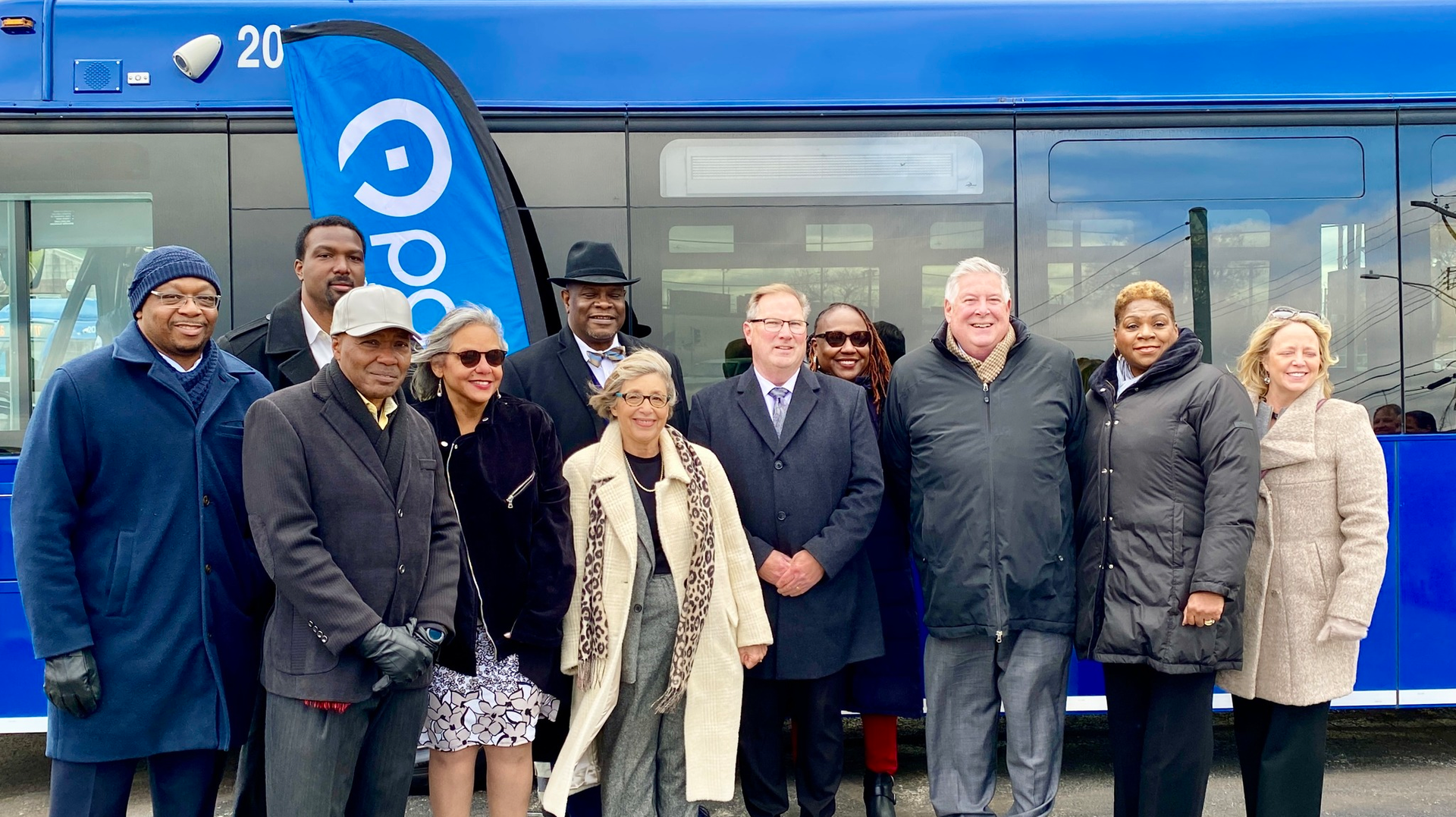 (L-R) Illinois State Representative Will Davis, Pace Director & President of the Village of Phoenix Terry R. Wells; Illinois State Senator Napoleon Harris III; Congresswoman Robin Davis; Pace Executive Director Melinda Metzger; Harvey Mayor Christopher J. Clark; Pace Chairman Rick Kwasneski; Metra Deputy Executive Director Janis R. Thomas; RTA Chairman Kirk Dillard; Metra Chair Romayne Brown; and Superintendent of the Cook County Department of Transportation & Highways, Jennifer &ldquo;Sis&rdquo; Killen.