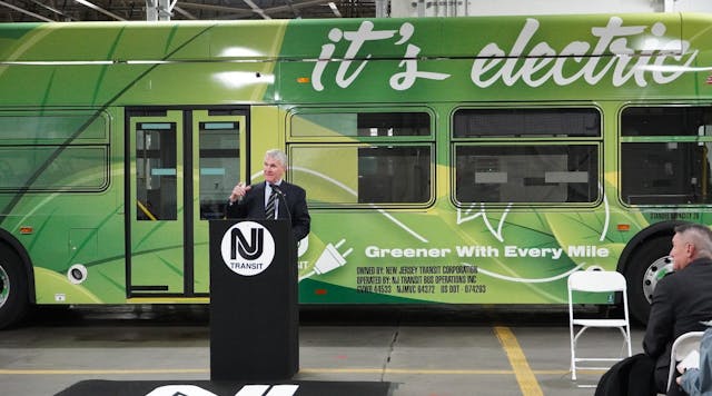 NJ Transit President and CEO Kevin S. Corbett speaks at an Oct. 4, 2022, event unveiling NJ Transit&apos;s first battery-electric bus.