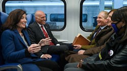 New York Gov. Kathy Hochul, MTA Chair and CEO Janno Lieber, Metro-North President and Interim Long Island Rail Road President Catherine Rinaldi, SMART General Chair Anthony Simon, and 1199SEIU home health aide Robin Allen ride a ceremonial train from Hicksville to Westbury on Monday, Oct 3, 2022, commemorating the completion of the LIRR Third Track project, running from Floral Park to Hicksville. New York Gov. Kathy Hochul, MTA Chair and CEO Janno Lieber, Metro-North President and Interim Long Island Rail Road President Catherine Rinaldi, SMART General Chair Anthony Simon, and 1199SEIU home health aide Robin Allen ride a ceremonial train from Hicksville to Westbury on Monday, Oct 3, 2022, commemorating the completion of the LIRR Third Track project, running from Floral Park to Hicksville.