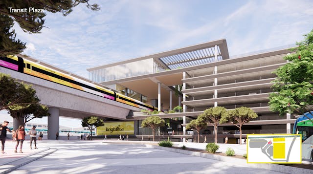 A rendering of the transit plaza as part of a future Rancho Cucamonga station that incorporates high-speed rail trains as part of the Brightline West project.