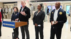 Left to right: New York Gov. Kathy Hochul, MTA Chair &amp; CEO Janno Lieber, Police Commissioner Keechant Sewell and New York City Mayor Eric Adams at Grand Central-42 St on Oct. 22 to announce new initiatives in subway safety and security.