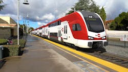 A rendering of an electric Caltrain. A rendering of an electric Caltrain.