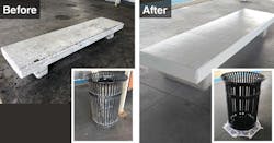 A bench and trashcan at CTA&apos;s Ashland Station on the Orange Line after work associated with Refresh &amp; Renew was performed.