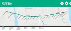 A map of the Pie-IX BRT with the green sections representing what will open for service on Nov. 7, 2022.
