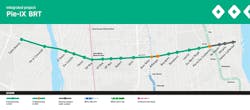A map of the Pie-IX BRT with the green sections representing what will open for service on Nov. 7, 2022. A map of the Pie-IX BRT with the green sections representing what will open for service on Nov. 7, 2022.