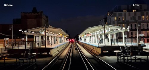 Lighting upgrades performed as part of CTA's Refresh & Renew program; left shows the platform lighting at Belmont Station before upgrades, while the right side has the new lighting installed.