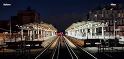 Lighting upgrades performed as part of CTA's Refresh & Renew program; left shows the platform lighting at Belmont Station before upgrades, while the right side has the new lighting installed. Lighting upgrades performed as part of CTA's Refresh & Renew program; left shows the platform lighting at Belmont Station before upgrades, while the right side has the new lighting installed.