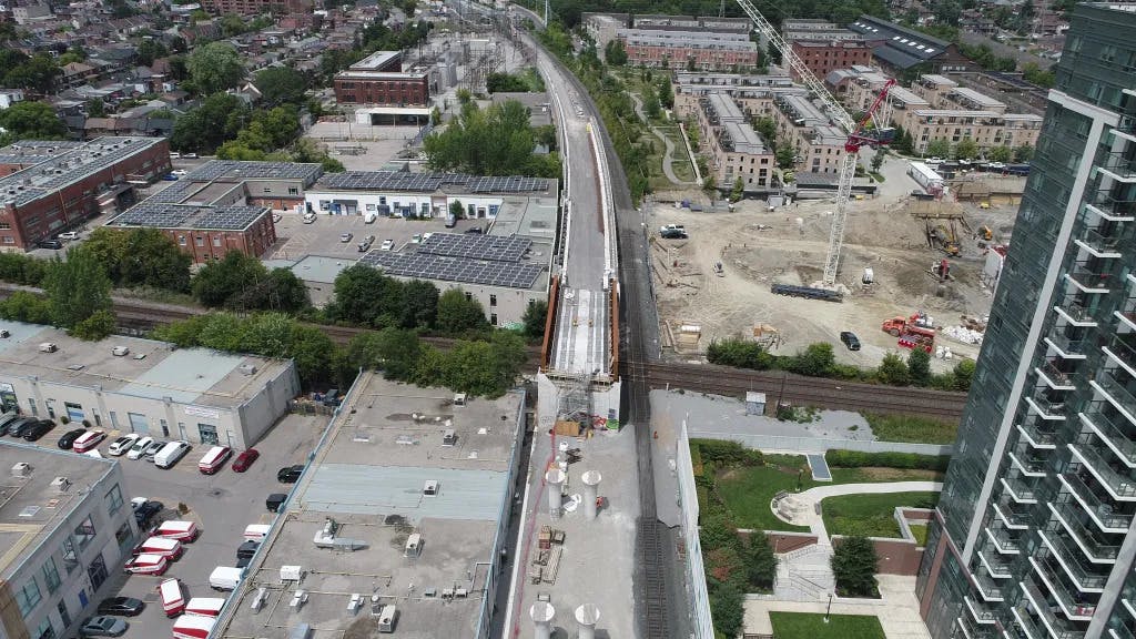 Looking north-west over the Davenport Diamond &ndash; just north of Dupont Street. New Metrolinx rail bridge installed over the CP tracks.