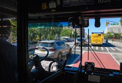 View of a bus lane from inside a bus