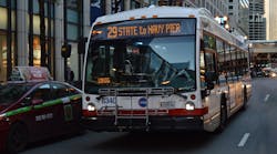 A Nova Bus vehicle operating along Chicago Transit Authority&apos;s Route 29 on State Street.