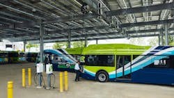 The Brookville Smart Energy Depot includes solar panels that are installed on tall canopies with charging stations that will power up to 70 battery electric Ride On vehicles.