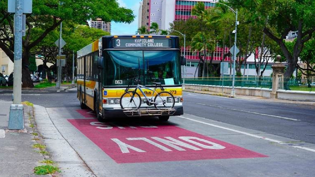 A TheBus, driving on the Bus Only Lane, on King Street