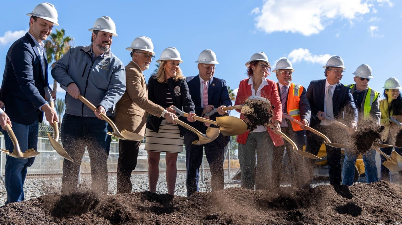 Construction workers on site at Burbank Junction Speed Improvement Project