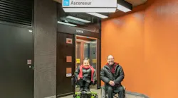 Mme Laurence Parent, borough councillor for the De Lorimier district and vice chair of the STM Board of Directors and M. Sylvain Le May, paratransit users representative on STM's Board of directors at the Jolicoeur station when elevators were commissioned.