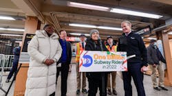 MTA Chair &amp; CEO Janno Lieber, NYCT President Richard Davey and Acting Chief Customer Officer Shanifah Rieara recognize Bronx resident Sasha Salazar as the one billionth subway rider of 2022 during a ceremony at the 161 St. Yankee Stadium station on Dec. 27, 2022.