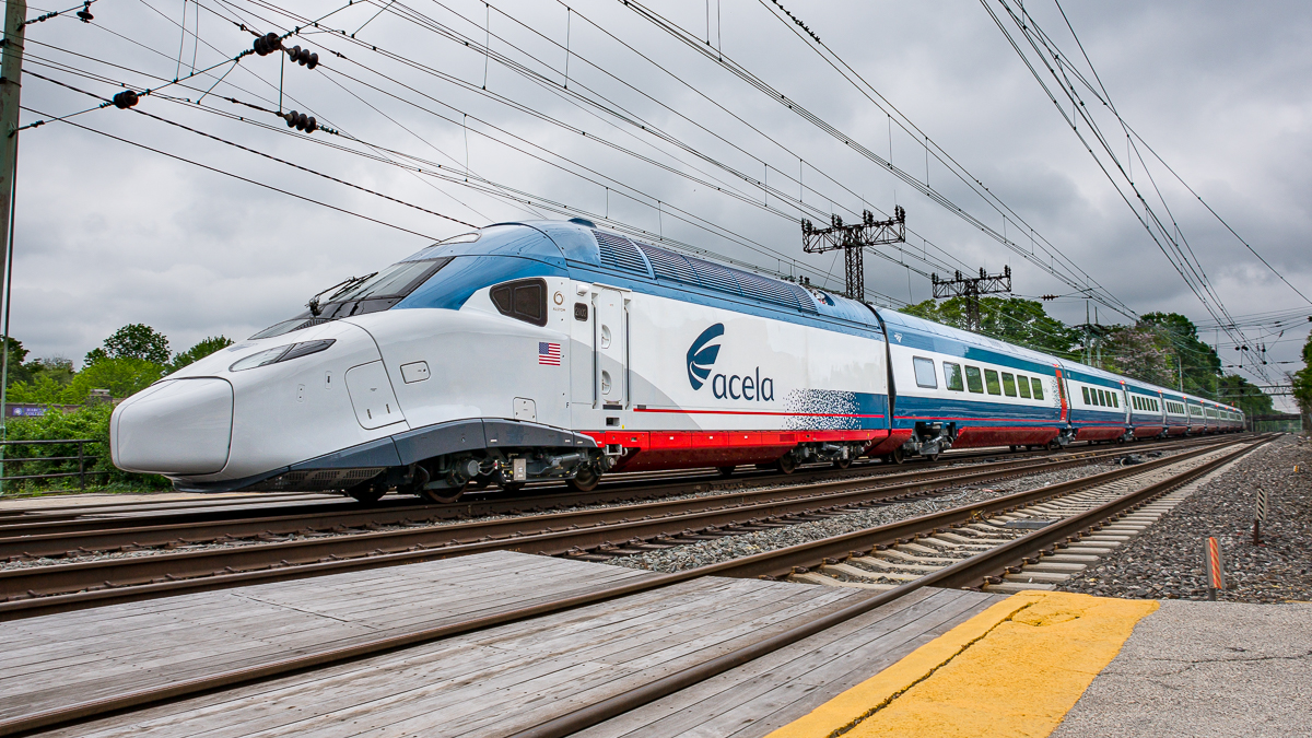 An Acela test train on the Northeast Corridor.