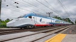 An Acela test train on the Northeast Corridor. An Acela test train on the Northeast Corridor.