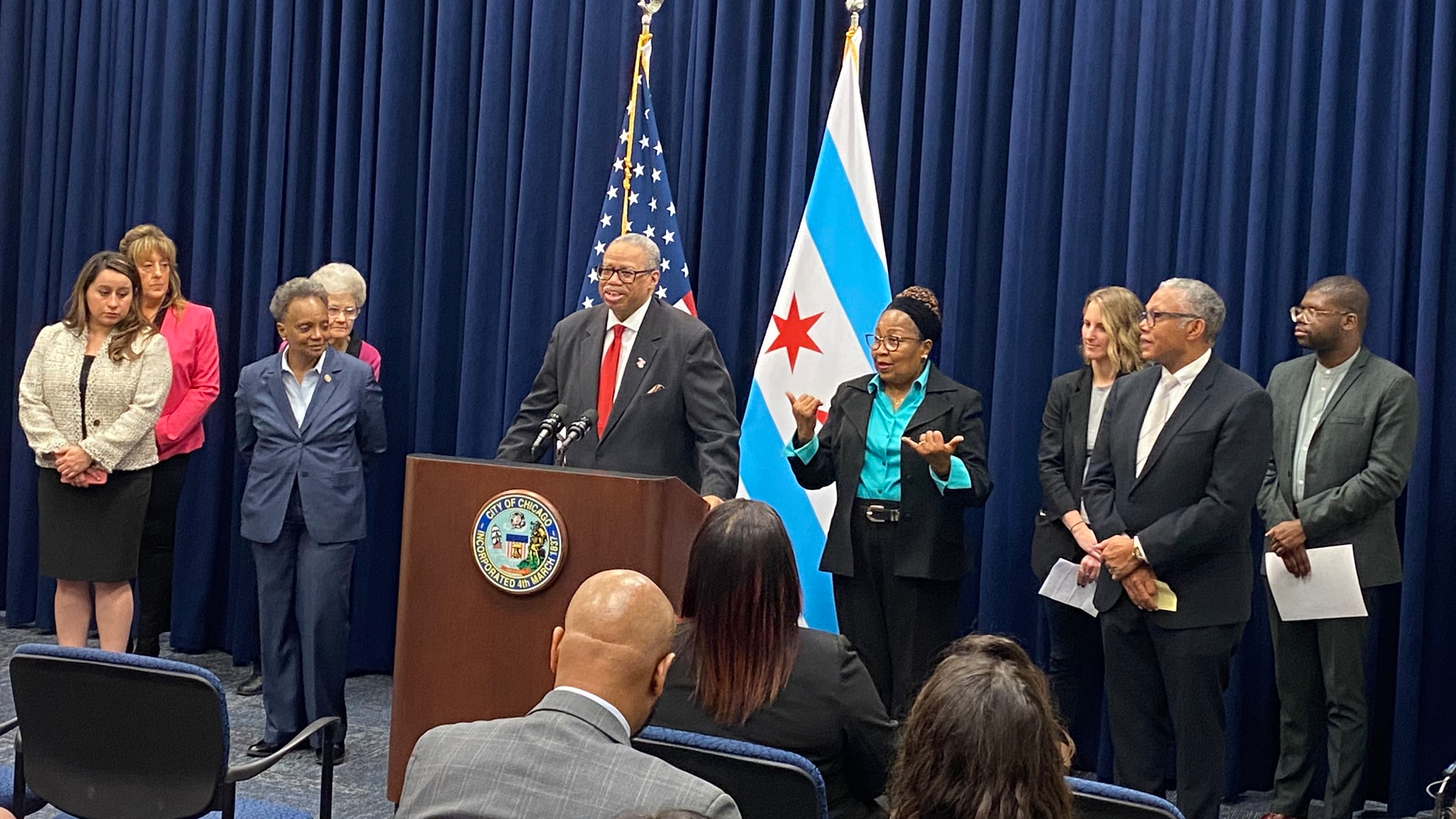 CTA President Dorval R. Carter Jr. speaks following the Chicago City Council's approval to establish a Transit TIF district to help fund CTA's Red Line Extension to 130th Street.