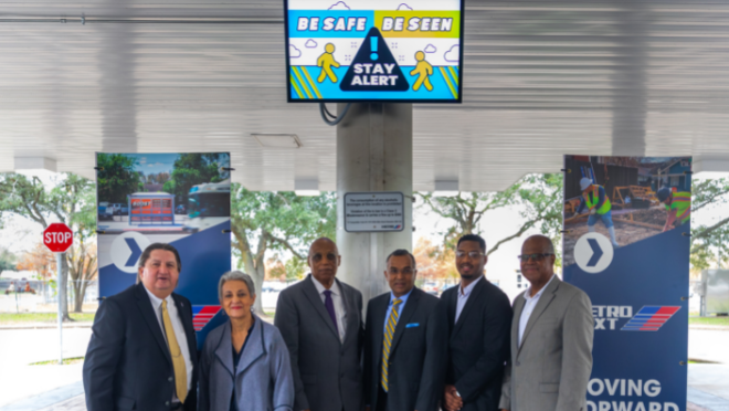 (L-R) Houston Metro President & CEO Tom Lambert, Board Member Diann Lewter, Homer Clark (Board Chair, 5 Corners Improvement District), Houston Metro Board Chair Sanjay Ramabhadran, LeRon Wilson (Administrator, Hiram Clarke Fort Bend Redevelopment Authority) and Ted Andrews (Board Chair, Hiram Clarke Fort Bend Redevelopment Authority).