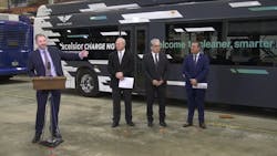 Left to right: Stephen King, vice president investor relations at NFI Group, Paul Soubry, president and CEO, NFI Group, Federal Northern Affairs Minister Dan Vandal, minister responsible for Prairies Economic Development Canada and minister responsible for Canadian Northern Economic Development Agency and Manitoba Deputy Premier Cliff Cullen at a Dec. 23 event detailing Manitoba's loan to NFI. Left to right: Stephen King, vice president investor relations at NFI Group, Paul Soubry, president and CEO, NFI Group, Federal Northern Affairs Minister Dan Vandal, minister responsible for Prairies Economic Development Canada and minister responsible for Canadian Northern Economic Development Agency and Manitoba Deputy Premier Cliff Cullen at a Dec. 23 event detailing Manitoba's loan to NFI.