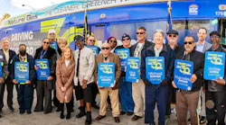 Clark County Commissioner Tick Segerblom, City of Las Vegas Mayor Carolyn Goodman, RTC CEO MJ Maynard and Clark County Commissioner Justin Jones are joined by mechanics and operators celebrating 30 years of service.