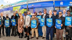 Clark County Commissioner Tick Segerblom, City of Las Vegas Mayor Carolyn Goodman, RTC CEO MJ Maynard and Clark County Commissioner Justin Jones are joined by mechanics and operators celebrating 30 years of service.