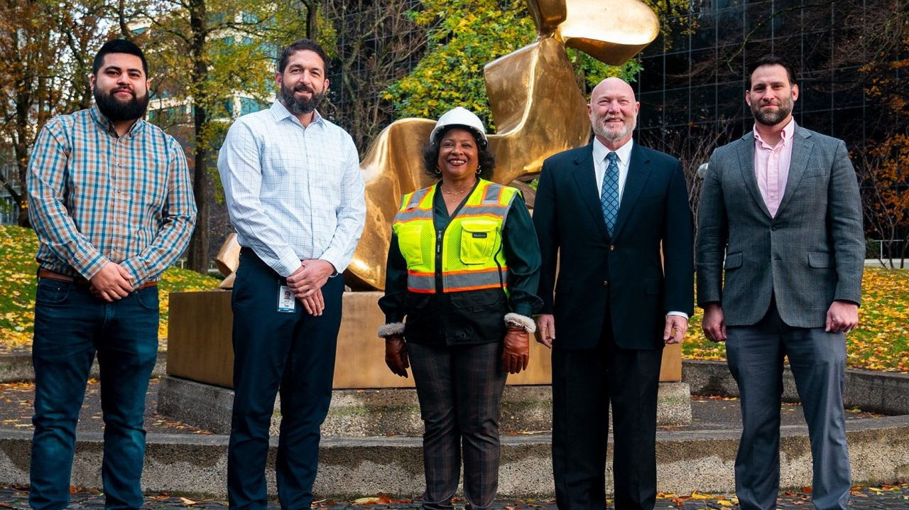 From left: Alfonso Romero, TriMet senior contracts equity administrator; Lester Spitler, TriMet director of procurement and supply chain management; Sharon Maxwell, CEO of Bratton Construction; Martin Golden, Portland district director, Small Business Administration; Joseph Smetak, business opportunity specialist, Small Business Administration.