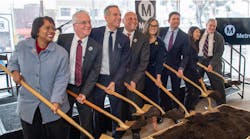 From left to right: Stephanie Wiggins, L.A. Metro CEO; Paul Krekorian, L.A. city council president; Eric Garcetti, L.A. city mayor; Ara J. Najarian, Glendale city council member and L.A. Metro board chair; Monica Rodriguez, L.A. city council member; Jesse Gabriel, state assembly member; Charlene Lee Lorenzo, director of FTA region 9; Tony Wilkinson, Panorama City neighborhood council board member.