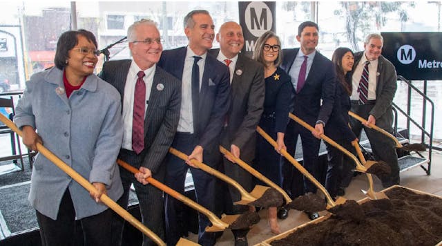 From left to right: Stephanie Wiggins, L.A. Metro CEO; Paul Krekorian, L.A. city council president; Eric Garcetti, L.A. city mayor; Ara J. Najarian, Glendale city council member and L.A. Metro board chair; Monica Rodriguez, L.A. city council member; Jesse Gabriel, state assembly member; Charlene Lee Lorenzo, director of FTA region 9; Tony Wilkinson, Panorama City neighborhood council board member.
