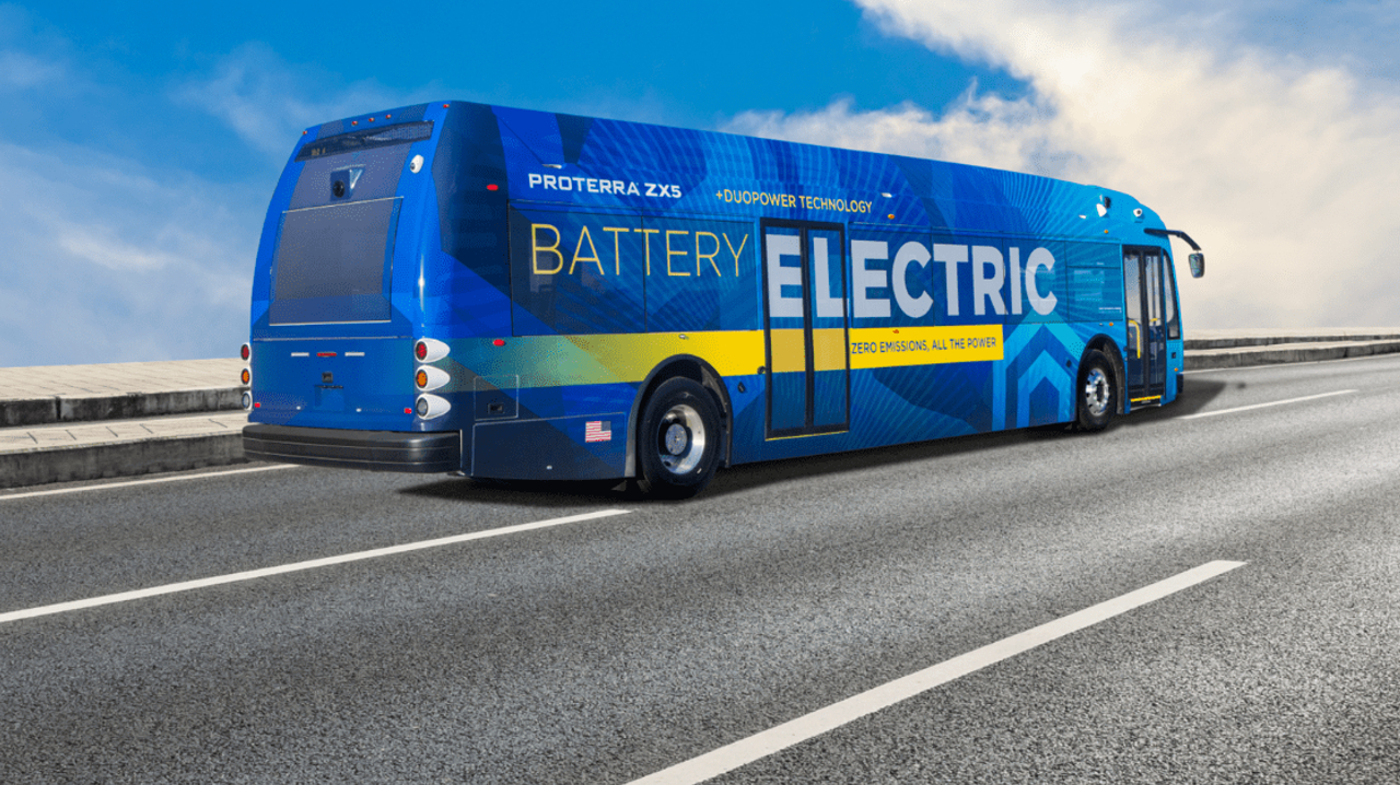 A Proterra ZX5 electric-bus on the road.