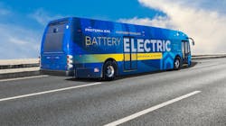 A Proterra ZX5 electric-bus on the road. A Proterra ZX5 electric-bus on the road.