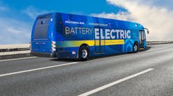 A Proterra ZX5 electric-bus on the road.