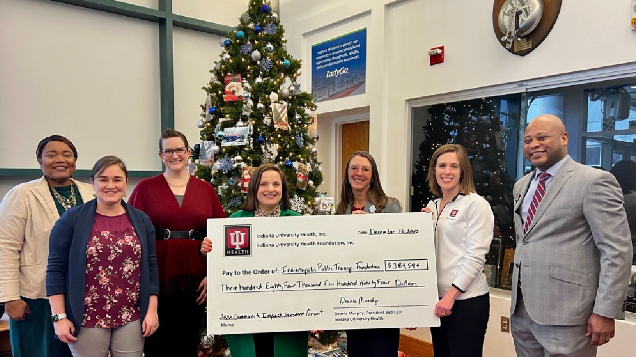 From left to right: IndyGo President and CEO Inez Evans, IndyGo Foundation Director of Programs and Operations Rachel Moss, IndyGo Foundation Board Chair Lacey Everett, IndyGo Foundation Executive Director Emily Meaux, IU Health Director of Government Affairs, Community Impact Investment and Policy Development Jennifer Andres, IU Health Foundation Vice President of Campaigns and Philanthropy Heather Perdue and IU Health Director of Government Affairs Adairius Gardner