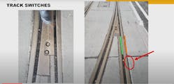 Another slide from Daniel Hecht&apos;s presentation shows where bolts were found to be loose or missing from two switches on the Atlanta Streetcar loop, as well as where chipping appeared in the concrete as a result of the streetcar wheel&apos;s false flange.
