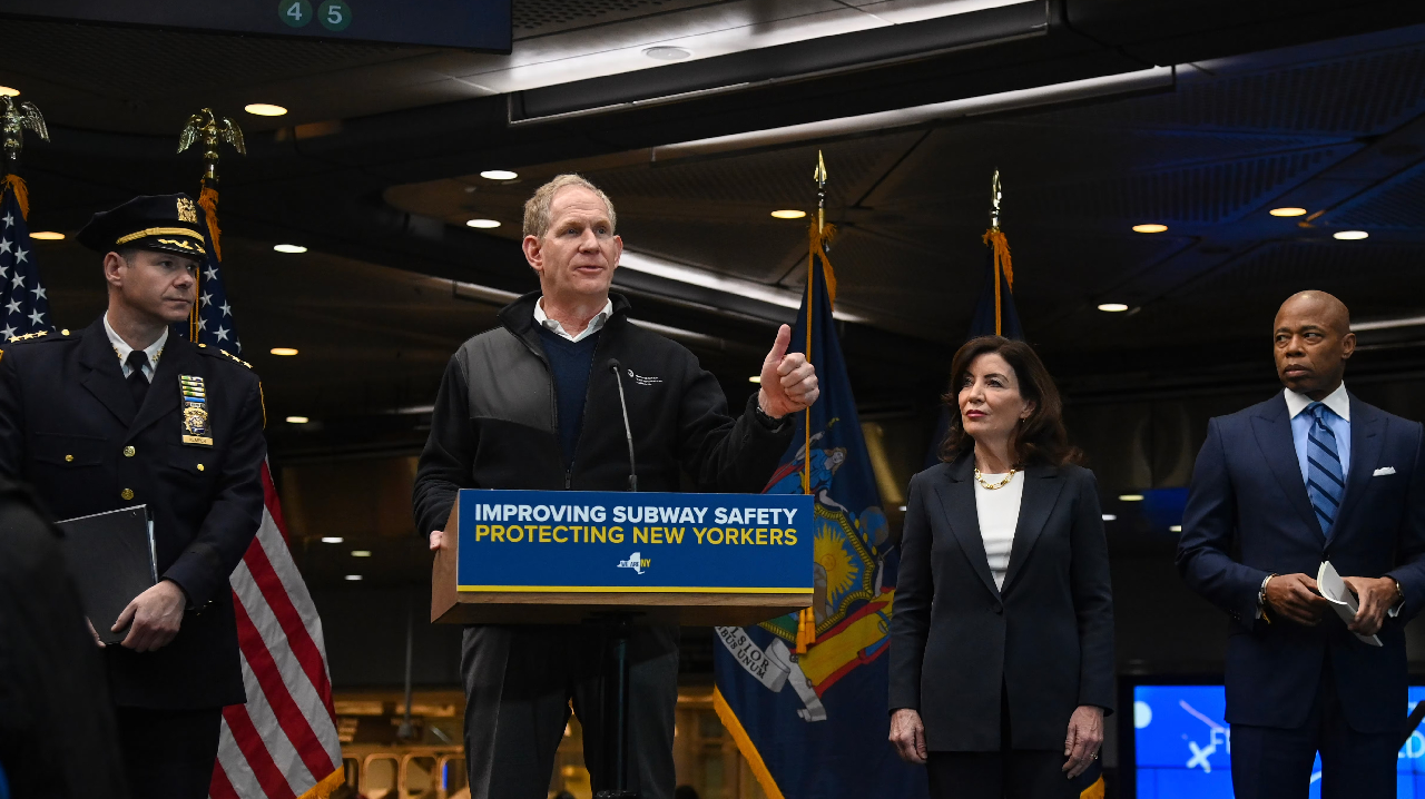 New York Gov. Kathy Hochul, New York City Mayor Eric Adams, MTA Chair & CEO Janno Lieber and New York Police Department Chief of Transit Michael Kemper at the Fulton Transit Center on Jan. 27, 2023, where they announce a decrease in subway crimes and increase in customers&rsquo; feelings of safety.