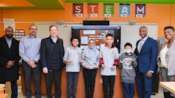 The four student finalists of the annual Samsung Solve for Tomorrow STEM competition, alongside their teacher Jessica Abrams and MTA leaders. The four student finalists of the annual Samsung Solve for Tomorrow STEM competition, alongside their teacher Jessica Abrams and MTA leaders.