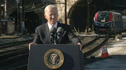 President Joe Biden speaks at an event in front of the north portal of the B&amp;P Tunnel in Baltimore, Md.