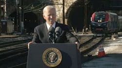 President Joe Biden speaks at an event in front of the north portal of the B&amp;P Tunnel in Baltimore, Md.