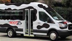 A rendering of a MicroMOO vehicle that began serving Windsor, Vt., through a new microtransit pilot program on Jan. 23.