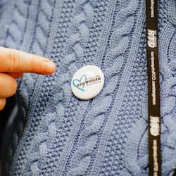A human trafficking awareness button on a blue sweater is worn during a Jan. 11 workshop organized by the San Joaquin RTD.