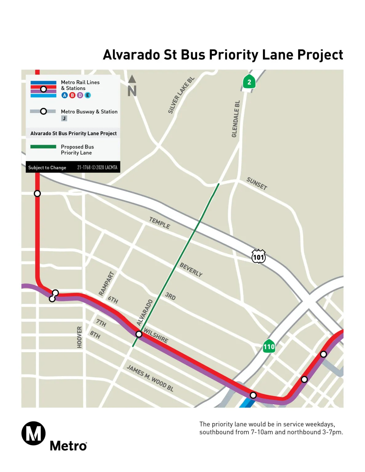 The map of the bus priority lane on Alvarado Street between the 101 freeway and Sunset Boulevard