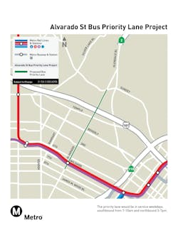The map of the bus priority lane on Alvarado Street between the 101 freeway and Sunset Boulevard The map of the bus priority lane on Alvarado Street between the 101 freeway and Sunset Boulevard