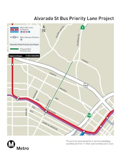 The map of the bus priority lane on Alvarado Street between the 101 freeway and Sunset Boulevard