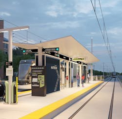 Close up of the Hazel McCallion Line stop at Matheson by night; artist renderings are subject to change.