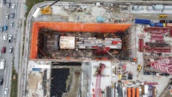 A drone photo of the large excavation that was required for the TBM at the launch shaft site. A drone photo of the large excavation that was required for the TBM at the launch shaft site.