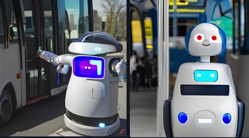 Transit is for everyone and everything. Craiyon generated images when given the prompt: Happy robots riding transit, photography.