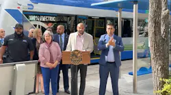 DTPW Director and CEO Eulois Cleckley with Miami-Dade County Mayor Daniella Levine Cava, left, at an event launching a bus stop improvement initiative and introducing the county's newest electric bus.