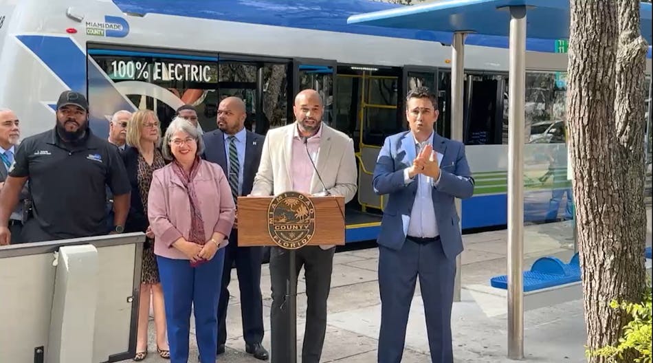 DTPW Director and CEO Eulois Cleckley with Miami-Dade County Mayor Daniella Levine Cava, left, at an event launching a bus stop improvement initiative and introducing the county&apos;s newest electric bus.