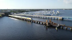 A Brightline train traverses the existing St. Lucie River Rail Bridge. Brightline has obtained clearance from the U.S. Coast Guard to temporarily close the waterway in order to perform rehabilitation work on the bridge.